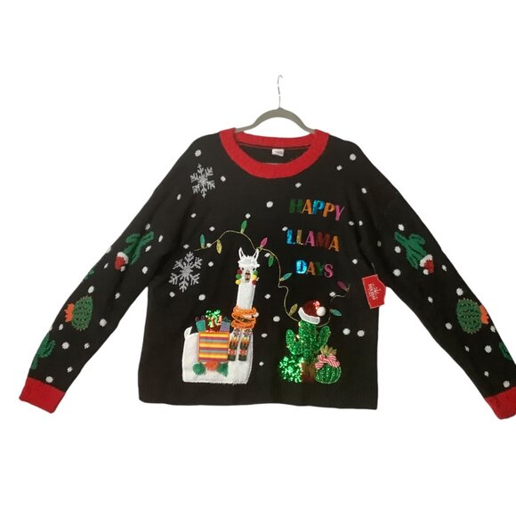 Holiday Time "Happy Llama Days" Ugly Christmas Sweater Women Large Cactus Sequin - Picture 1 of 11